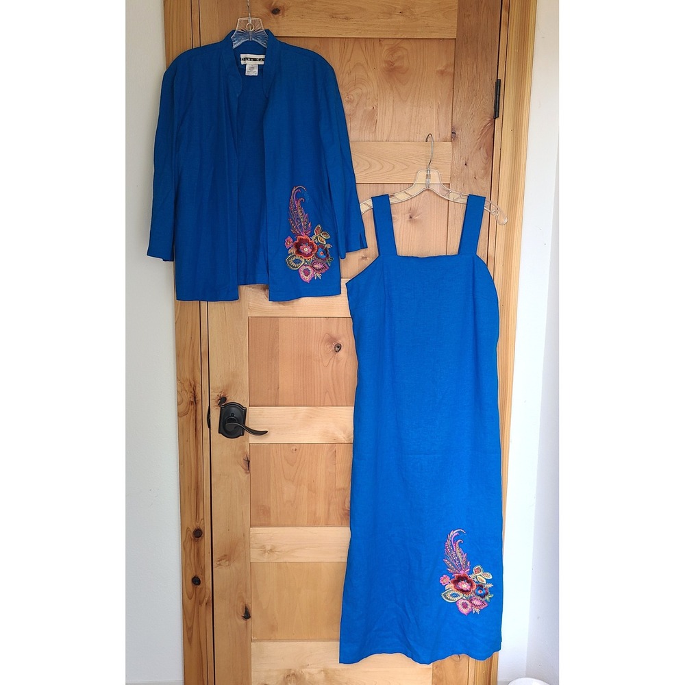 Vintage Dana Kay Linen Rayon 10 Blue Embroidered Dress & Jacket Set Boho Bright - Picture 2 of 13